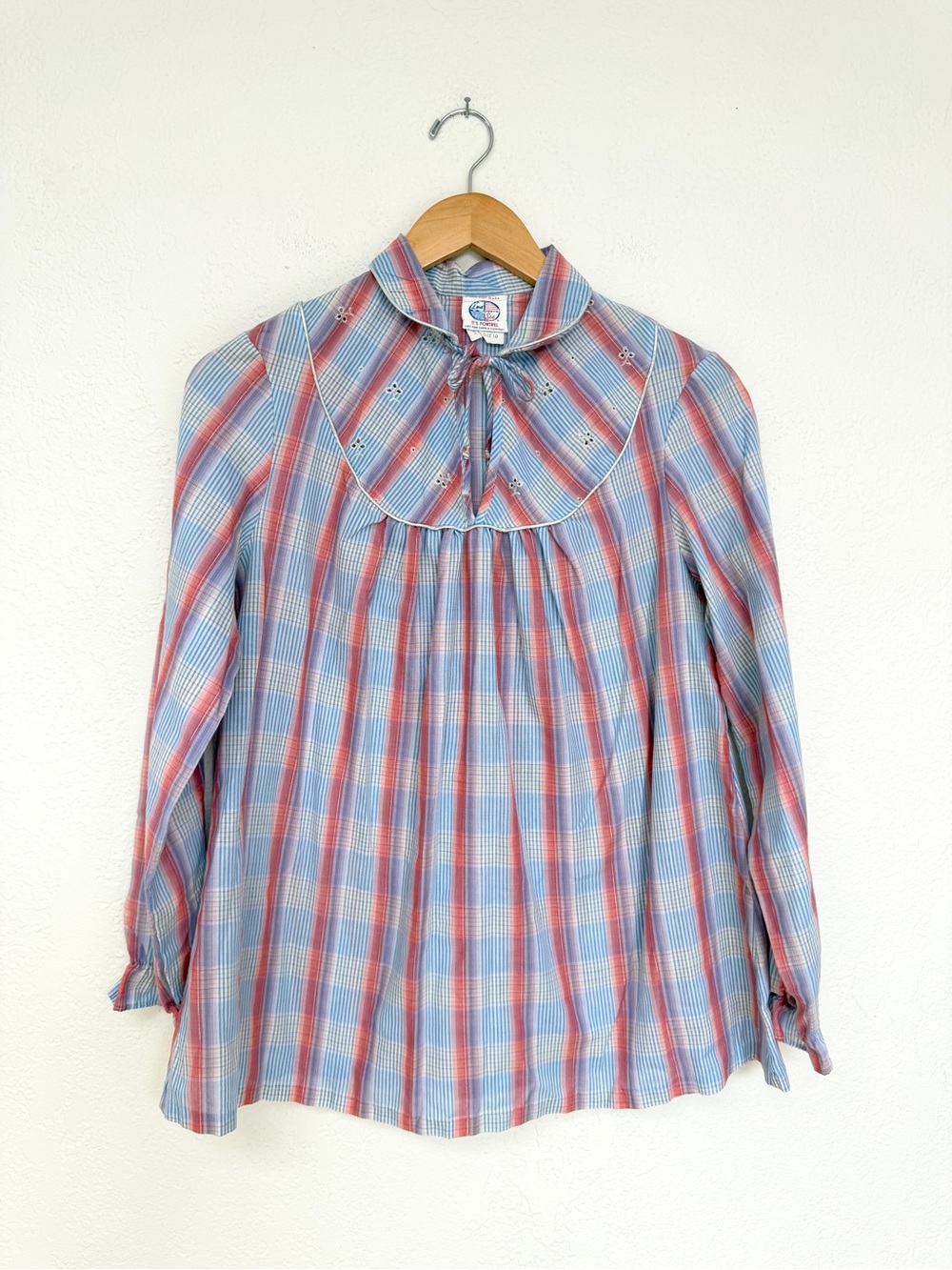 VINTAGE blue plaid striped collar bib long sleeve 70s prairie blouse top / M